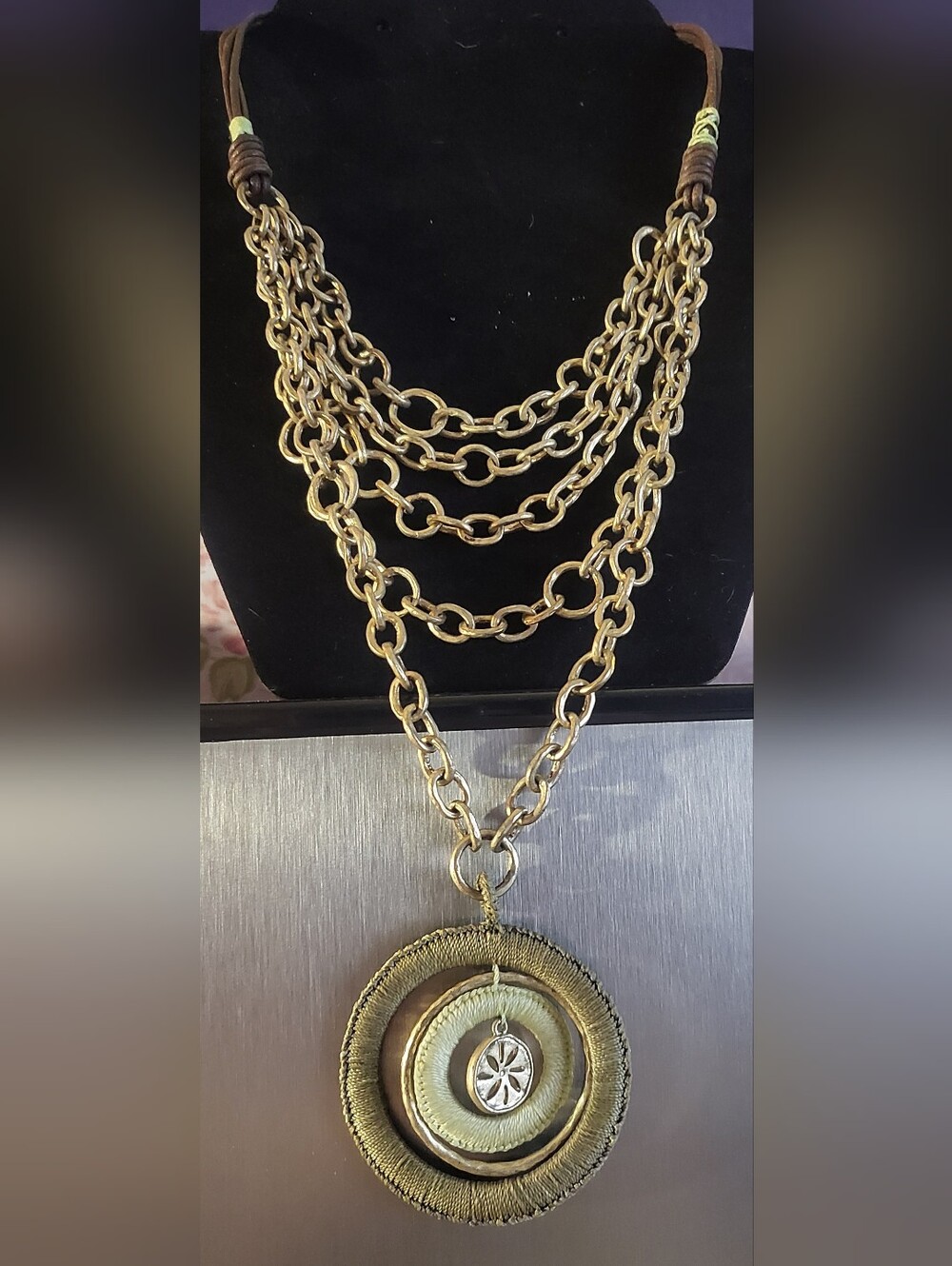 8" Drop Sigrid Olsen Layered Gold-Tone Leather/ Olive Thread Pendant Necklace